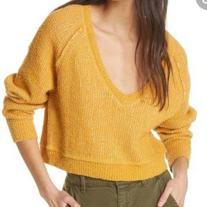 Free People Deep V Neck Yellow Sweater, Medium